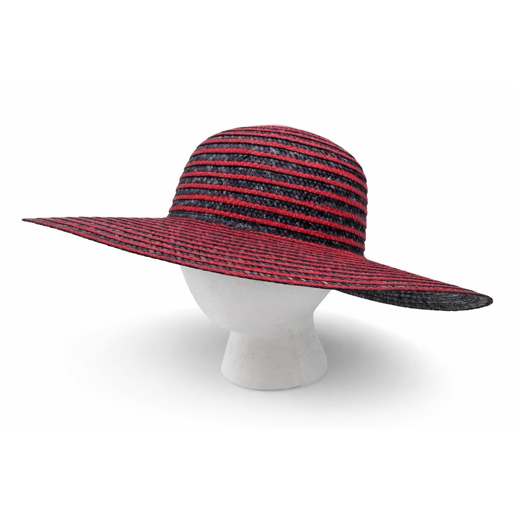 Vintage Wide Brim Woven Floppy Sun Hat‎ One Size Red Black Stripe Straw Italy